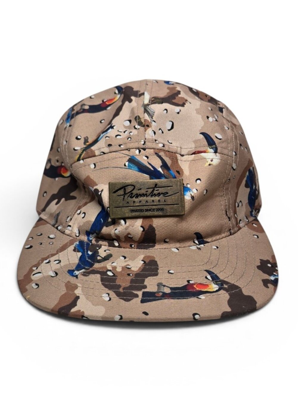 Primitive Apparel Five Panel Skate Cap Tan Bird Camo Metal Placard Adjustable OS
